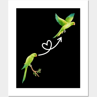 Funny cute green parrot flying parrot owner birdwatching Posters and Art